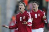 Ma´darští fotbalisté Zoltan Gera (vlevo) a Robert Feczesin slaví gól proti Maltě