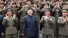 In this Tuesday, May 1, 2012 photo released by the Korean Central News Agency and distributed by the Korea News Service Wednesday, May 2, 2012, North Korea's leader Kim Jong Un, center, is applauded by military personnel during his visit to the Machine Plant managed by Ho Chol Yong in North Korea, to mark May Day. (AP Photo/Korean Central News Agency via Korea News Service) JAPAN OUT UNTIL 14 DAYS AFTER THE DAY OF TRANSMISSION