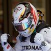 Mercedes Formula One driver Lewis Hamilton celebrates after taking the pole position at the qualifying session of the Spanish F1 Grand Prix at the Barcelona-Catalunya Circuit in Montmelo