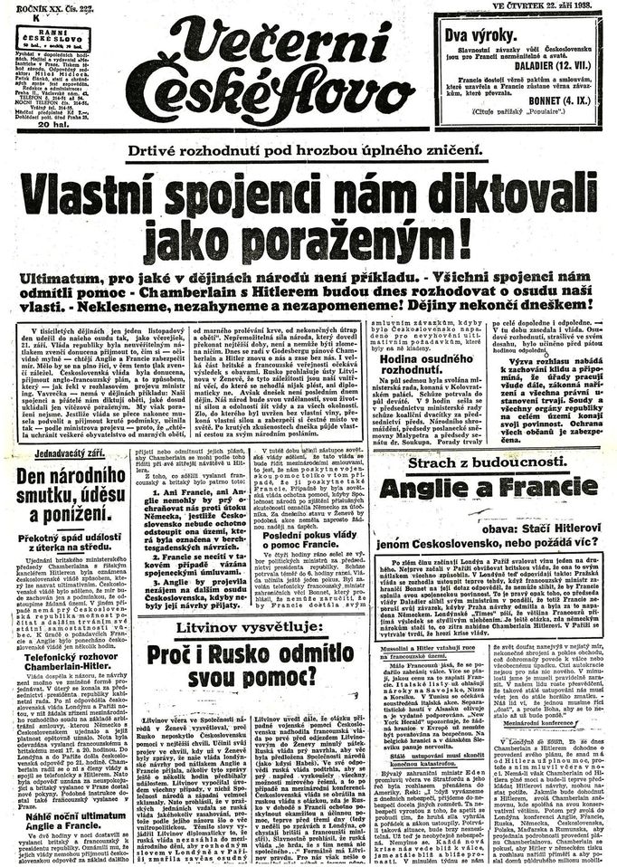 Výročí osmdesáti let od uzavření Mnichovské dohody, která na sklonku září roku 1938 zpečetila osud předválečného Československa.