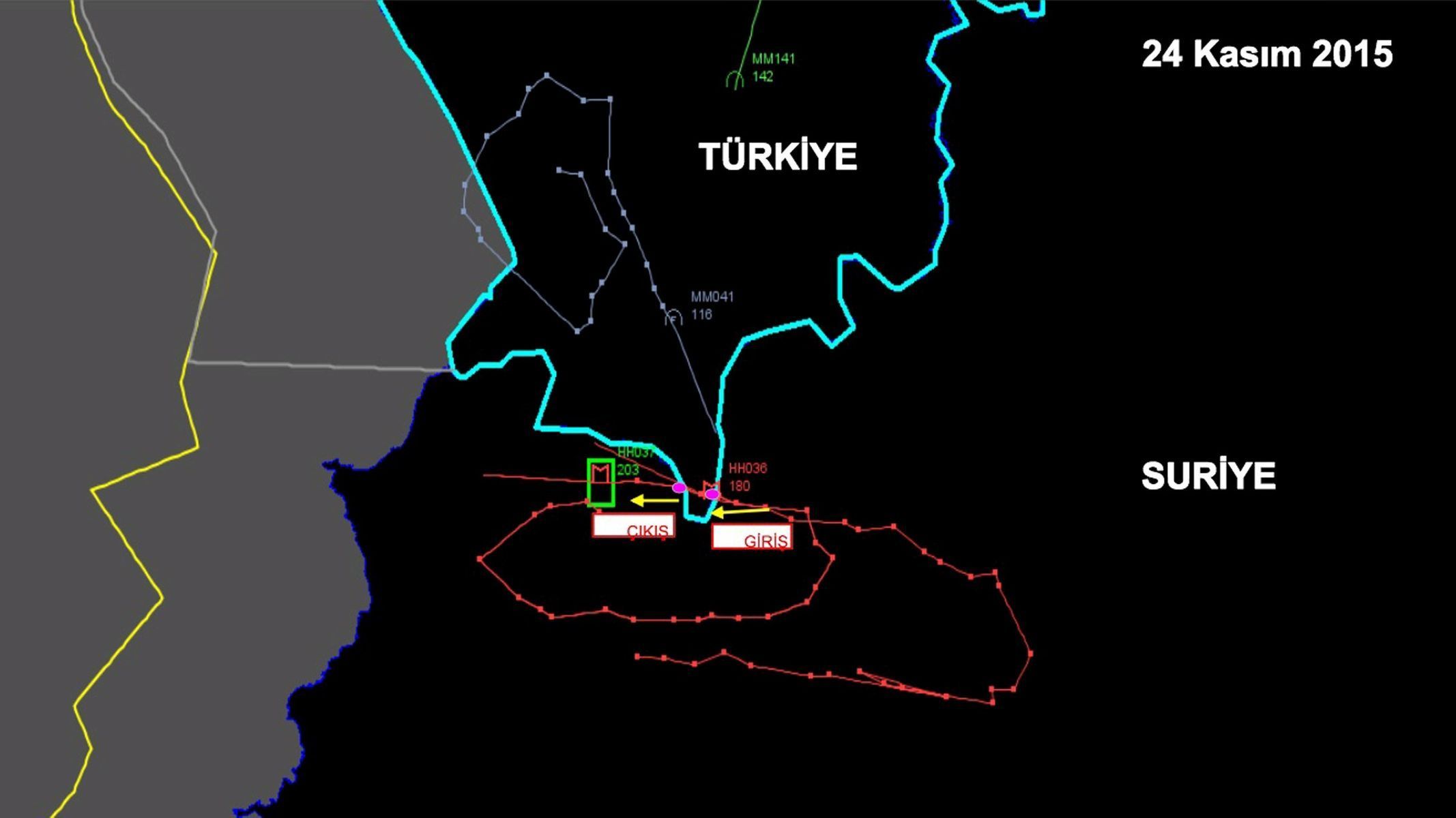 Radarový obrázek zobrazující ruské vojenské letadlo na syrsko-turecké hranici před sestřelením.