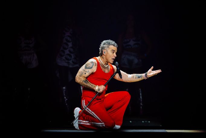 Zpěvák Robbie Williams během svého nedělního koncertu v pražské O2 areně.