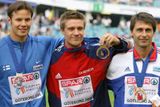 Oštěpařští medailisté: zleva Tero Pitkämäki, Andreas Thorkildsen a Jan Železný