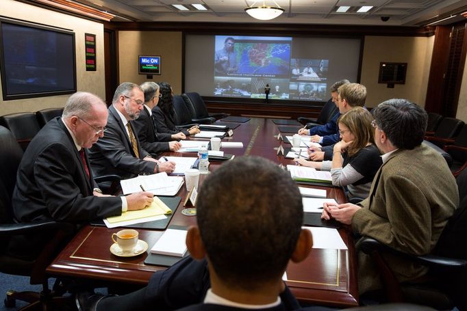 oct. 29, 2012 "In the White House Situation Room, the President receives an update to the ongoing response to Hurricane Sandy during a teleconference with key officials."