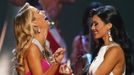 Miss Oklahoma Olivia Jordan reacts next to Miss Texas Ylianna Guerra after being named winner of the 2015 Miss USA beauty pageant in Baton Rouge, Louisiana