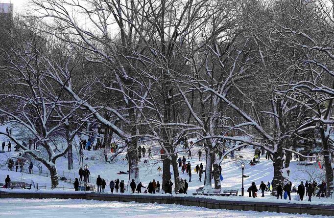 People spend time out in Central Park in New York, February 9, 2013. A blizzard pummelled the Northeastern United States, killing at least one person, leaving hundreds of thousands without power and disrupting thousands of flights, media and officials said. REUTERS/Carlo Allegri (UNITED STATES - Tags: ENVIRONMENT) Published: Úno. 9, 2013, 11:55 odp.