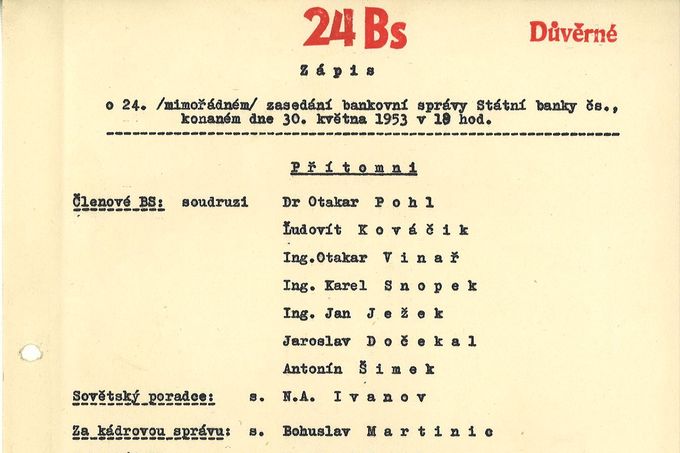 Peněžní reforma 1953 - protokol z jednání bankovní správy