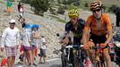 Team Saxo-Tinkoff rider Alberto Contador (L) of Spain and Euskaltel-Euskadi team rider Mikel Nieve Iturralde of Spain climb the Mont Ventoux during the 242.5 km fifteenth