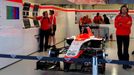 The car of Marussia Formula One driver Jules Bianchi of France is pictured in the garage during the first free practice session of the Russian F1 Grand Prix in the Sochi