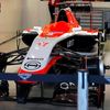 The car of Marussia Formula One driver Jules Bianchi of France is pictured in the garage during the first free practice session of the  Russian F1 Grand Prix in the Sochi Autodrom circuit