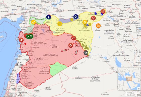 Kdo co ovládá v Sýrii, srpen 2020. Červeně území pod kontrolou režimu, žluté pod správou kurdských milic, zelené ovládají umírnění protivládní povstalci.