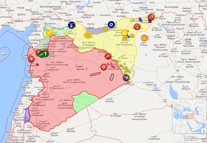 Kdo co ovládá v Sýrii, srpen 2020. Červeně území pod kontrolou státu, žluté pod správou kurdských milic, zelené ovládají umírnění protivládní povstalci.