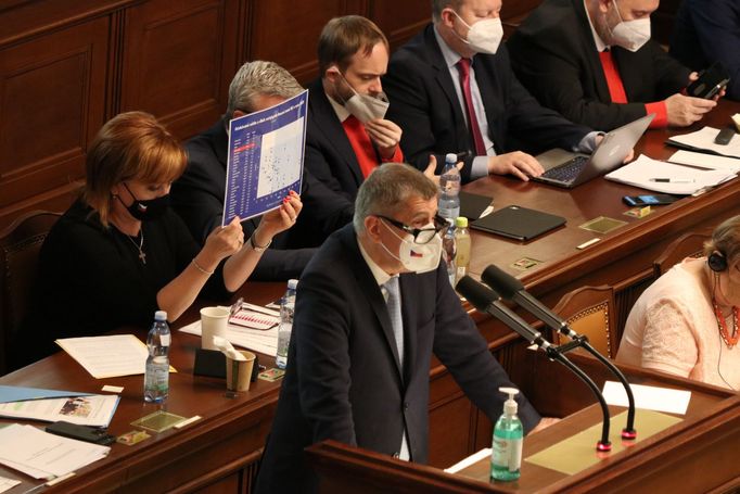 Premiér Andrej Babiš ve sněmovně před hlasováním o nedůvěře vládě (3. 6. 2021)