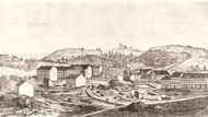 Pohled na Žižkov, jak jej na dřevorytině z roku 1870 zachytil František Chalupa.