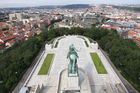 The equestrian statue of Hussite general Jan Žižka is overlooking the city of Prague /future design/.