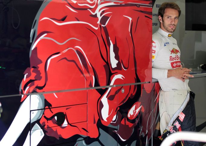 Toro Rosso Formula One driver Jean-Eric Vergne of France looks on during the first practice session of the Bahrain F1 Grand Prix at the Bahrain International Circuit (BIC