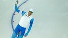 Mika Poutala of Finland waves after becoming an early leader in race two of the men's 500 meters speed skating event during the 2014 Sochi Winter Olympics, February 10, 2