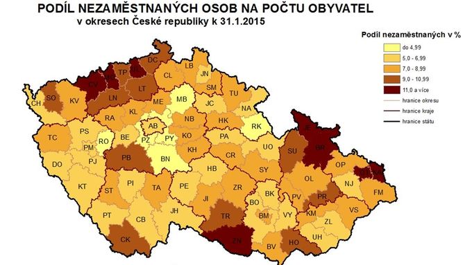 Nezaměstnanost v Česku podle regionů - leden 2015
