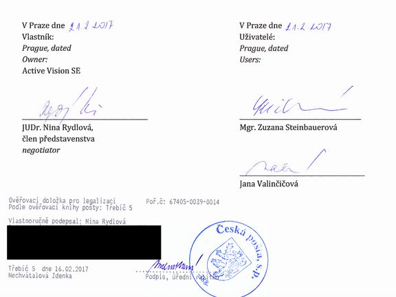 Podpisy obou ředitelek pražských domovů důchodců na jedné ze smluv o bezplatném užívání automobilu.