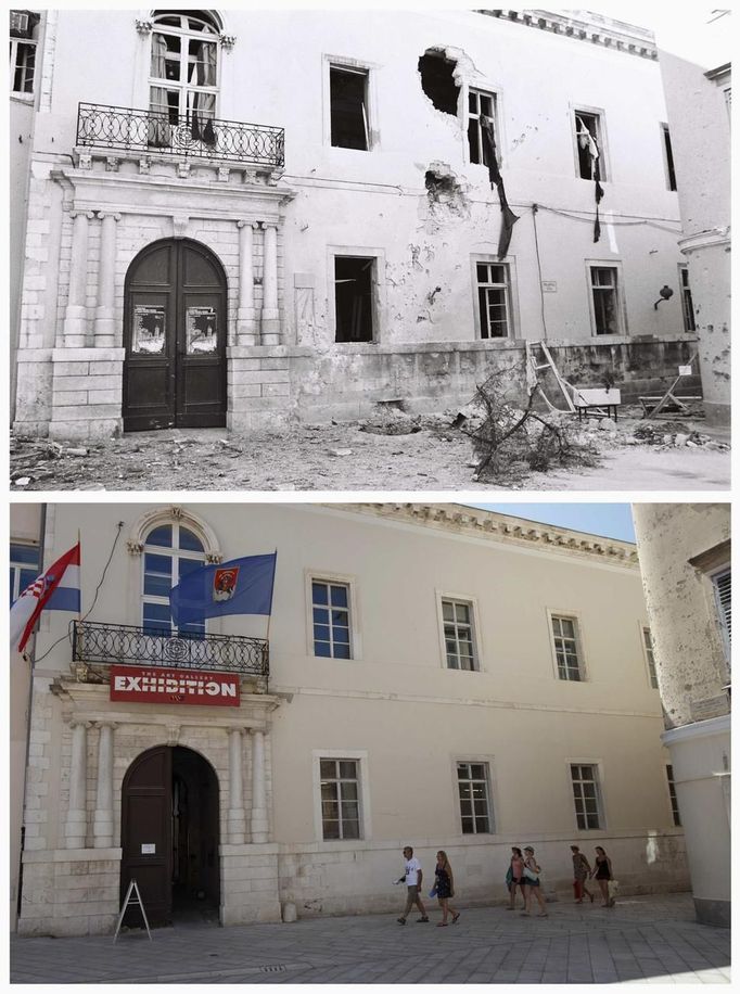 A combination picture shows a destroyed music school in Zadar in 1991 (top) and a rebuilt music school in 2012 in Zadar. The city of Zadar was shelled by Serb-dominated Yugoslav troops during Croatia's 1991-95 war of independence. REUTERS/Antonio Bronic (CROATIA - Tags: CIVIL UNREST CONFLICT) Published: Čec. 31, 2012, 4 odp.