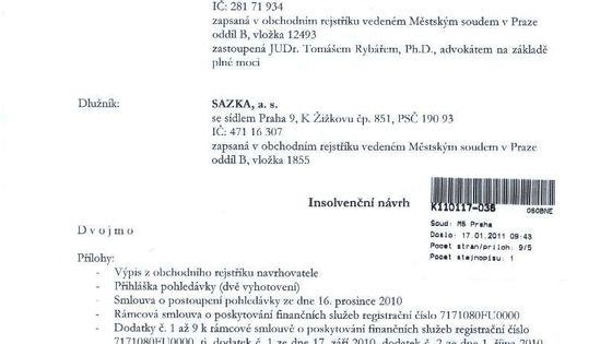 Návrh na insolvenci Sazky podaný firmou Radovana Vítka