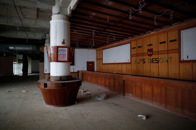 A reception desk of the abandoned Alps Ski Resort