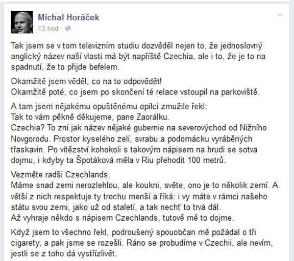 Michal Horáček o názvu Czechia na Facebooku