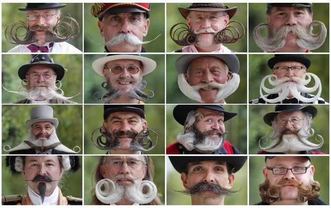 A combination photo shows participants during the 2012 European Beard and Moustache Championships in Wittersdorf near Mulhouse, Eastern France, September 22, 2012. More than a hundred participants competed in the first European Beard and Moustache Championships organized in France. REUTERS/Vincent Kessler (FRANCE - Tags: SOCIETY) Published: Zář. 22, 2012, 9:41 odp.