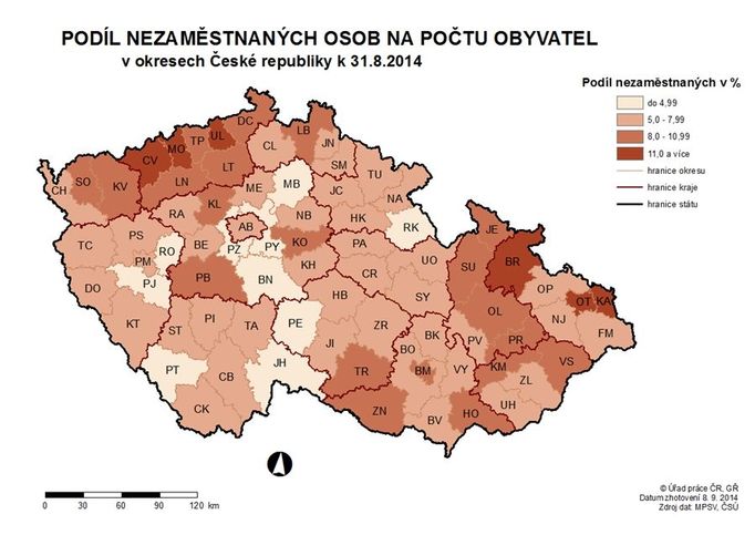 Nezaměstnanost podle regionů v srpnu 2014