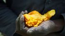 A souvenir piece of sulfur Sulfur miners in Eastern Java's famous sulfur-belching Ijen crater rely on their sheer muscle power to mine sulfur in some of the most difficul