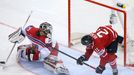 Goaltender Jakub Kovar of the Czech Republic reacts after a goal as Canada's Matt Read (R) falls during the second period of their men's ice hockey World Championship gro