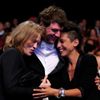 Co-directors Claire Burger, Marie Amachoukeli and Samuel Theis, Camera d'Or award winners for their film &quot;Party Girl&quot;, react after being awarded during the closing ceremony of the 67th Canne