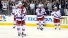 Jun 13, 2014; Los Angeles, CA, USA; New York Rangers players react after losing 3-2 in two overtimes to the Los Angeles Kings in game five of the 2014 Stanley Cup Final a