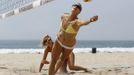 German beach volleyball players Sara Goller and Laura Ludwig train for the London 2012 Olympics in Manhattan Beach