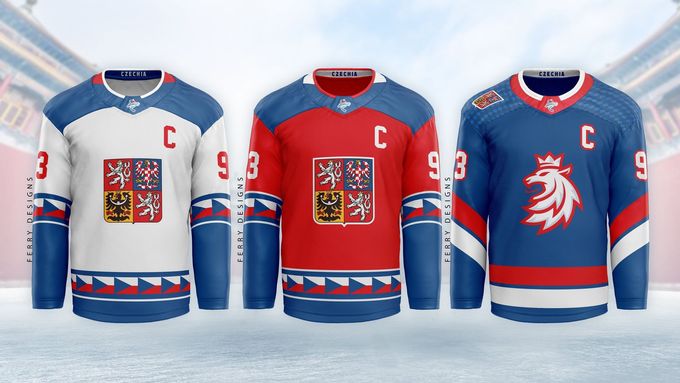 Návrh českých hokejových dresů pro olympiádu 2022 v Pekingu.