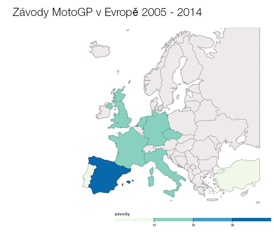 mapa MotoGP (správná): závody v Evropě 2005 - 2014