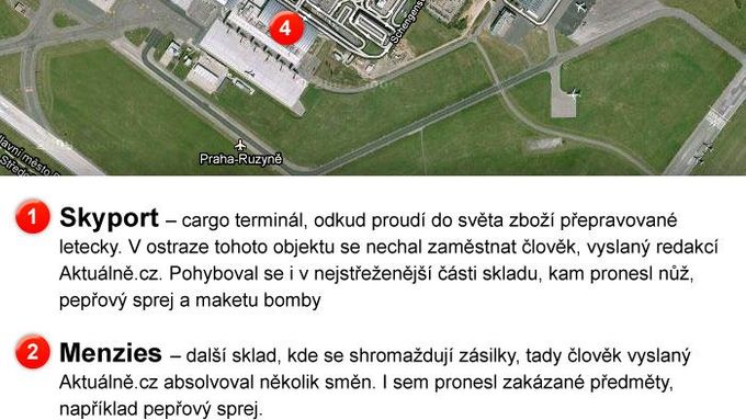 Mapa letiště v Ruzyni. Věrná napodobenina bomby se ocitla v nákladovém terminálu.