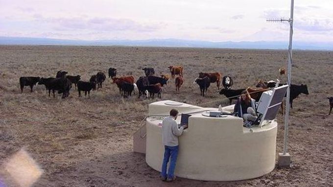 Nádrž s vodou, v níž detektory hledají stopy po dopadajících kosmických částicích. V argentinské pampě se na ni přišlo podívat stádo krav. Díky anténě se naměřená data ihned odesílají ke zpracování.