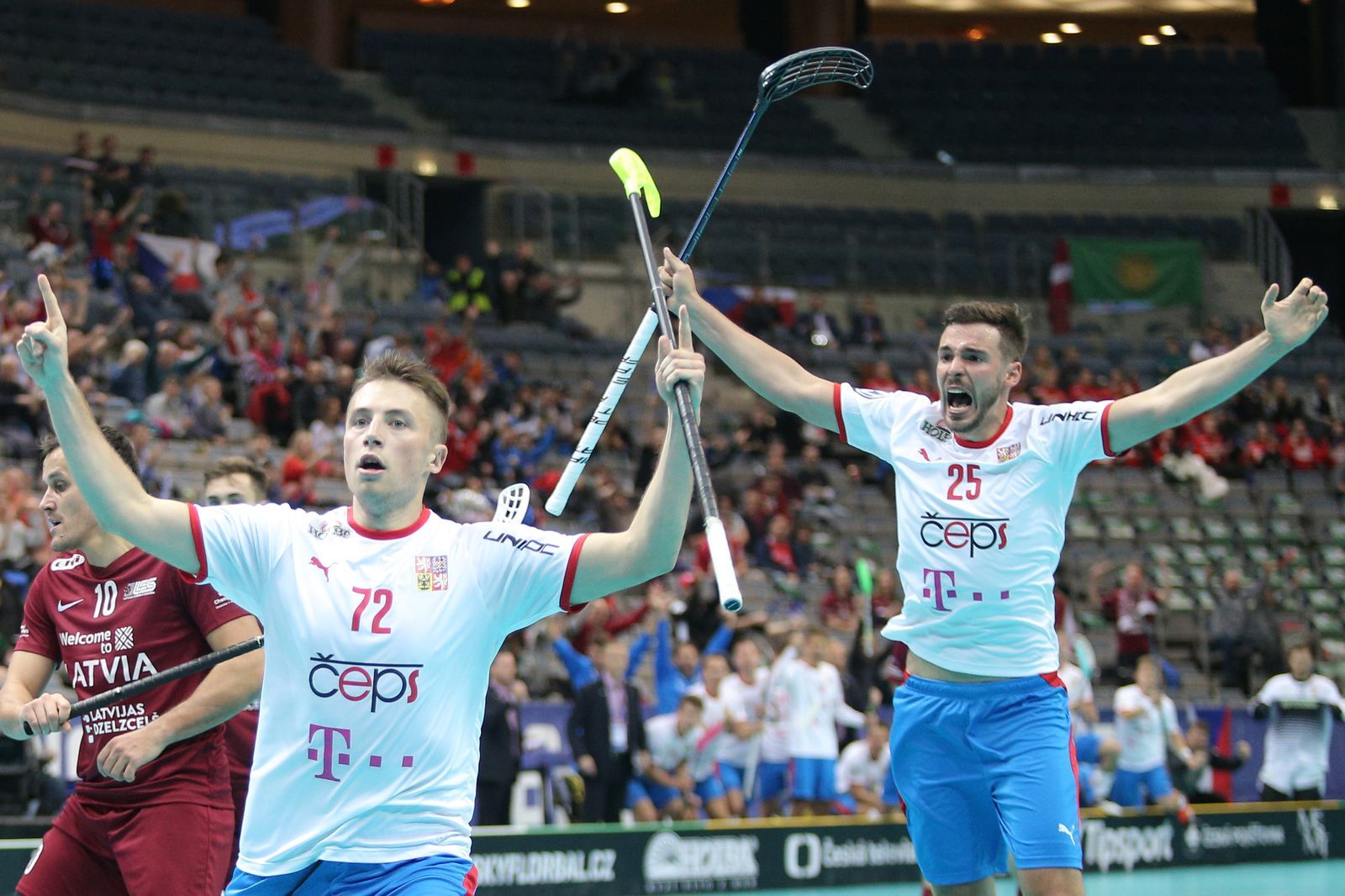 Adam Delong slaví gól v zápase MS 2018 Česko - Lotyšsko.