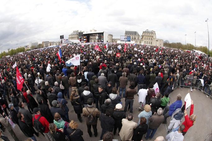 Francois Hollande, Socialist Party candidate for the 2012 French presidential election, delivers his speech as he attends a campaign rally outside the Chateau de Vincennes, in Paris,