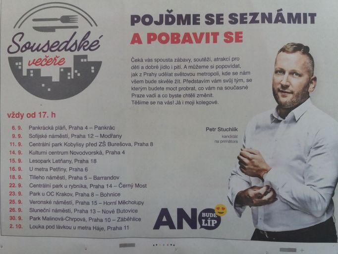 ANO, Petr Stuchlík, v Praze pořádá "sousedské večeře", kampaň do komunálu jede naplno