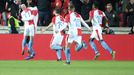 Slávisté slaví gól na 1:0 v odvetě osmifinále Evropské ligy Slavia Praha - FC Sevilla