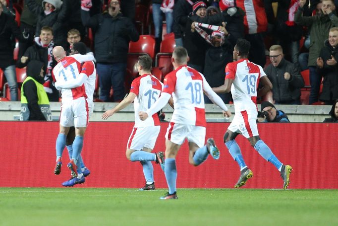 Slávisté slaví gól na 1:0 v odvetě osmifinále Evropské ligy Slavia Praha - FC Sevilla