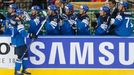 Finland's Iiro Pakarinen (L) celebrates his goal against Russia during the first period of their men's ice hockey World Championship final game at Minsk Arena in Minsk Ma