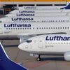 Aircraft of German airline Lufthansa are parked on the apron at Fraport airport in Frankfurt