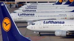 Aircraft of German airline Lufthansa are parked on the apron at Fraport airport in Frankfurt