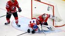 Canada's goaltender James Reimer (R) fails to save a goal of Roman Cervenka (unseen) as team mate Jiri Hudler (C) of the Czech Republic falls during the first period of t