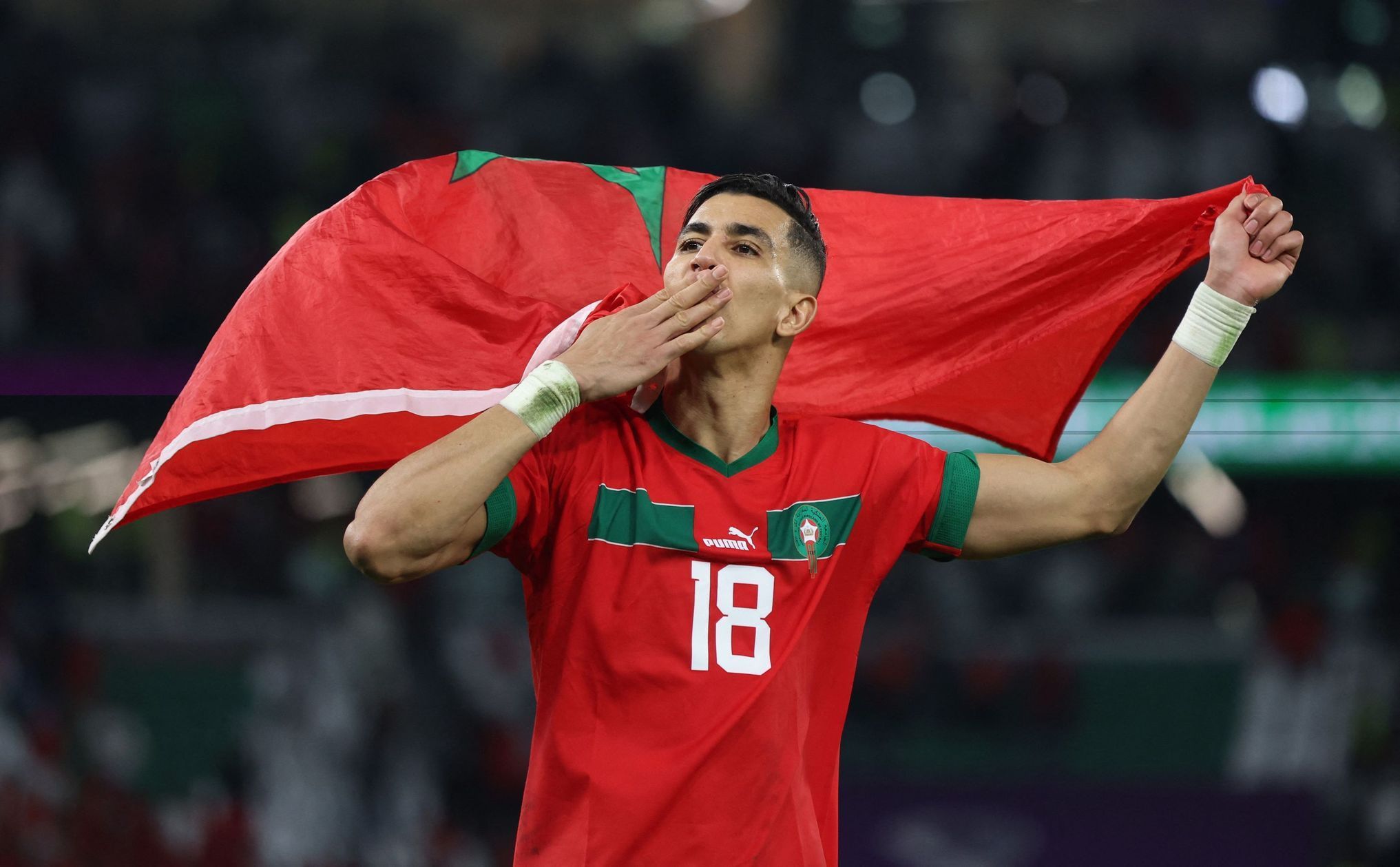 Džavád Jamík slaví vítězství v osmifinále MS 2022 Maroko - Španělsko