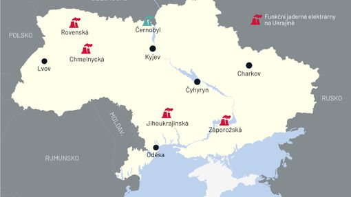 Funkční jaderné elektrárny na Ukrajině a odstavené reaktory v Černobylu.