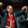 Football: Prince Albert of Monaco celebrates at the end of the match